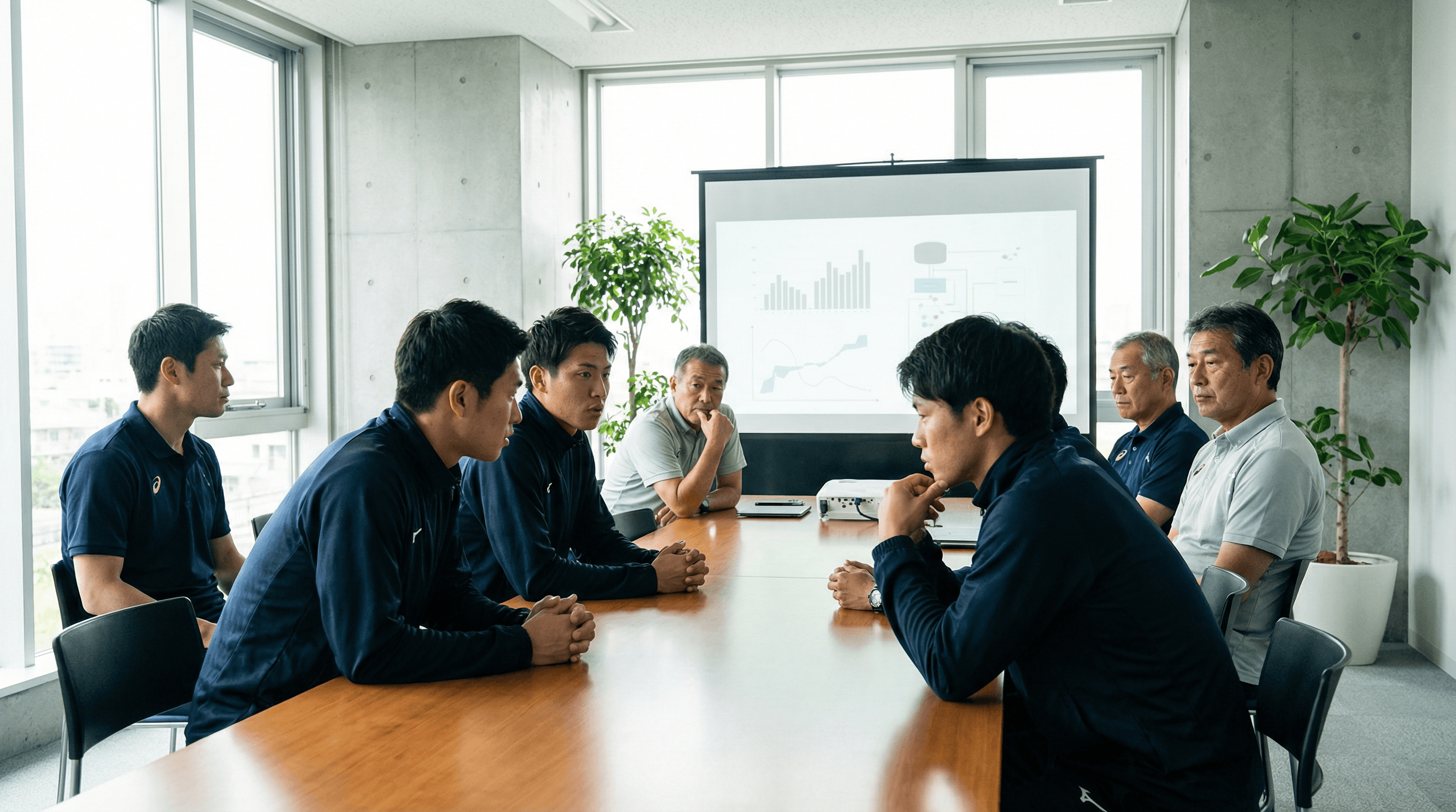真剣な眼差しでミーティングをするスポーツチーム